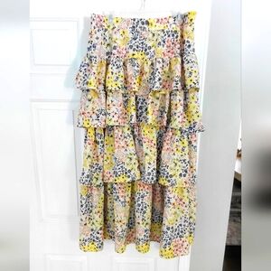 C Est 1946 Floral Tiered Maxi Lined Coral Yellow Vacation Party Skirt.  Size L.